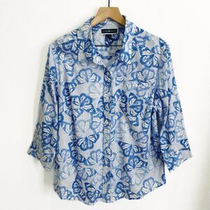 Karen Scott Top Womens XL Blue Butterfly Print‎ 100% Cotton Button Up Coastal